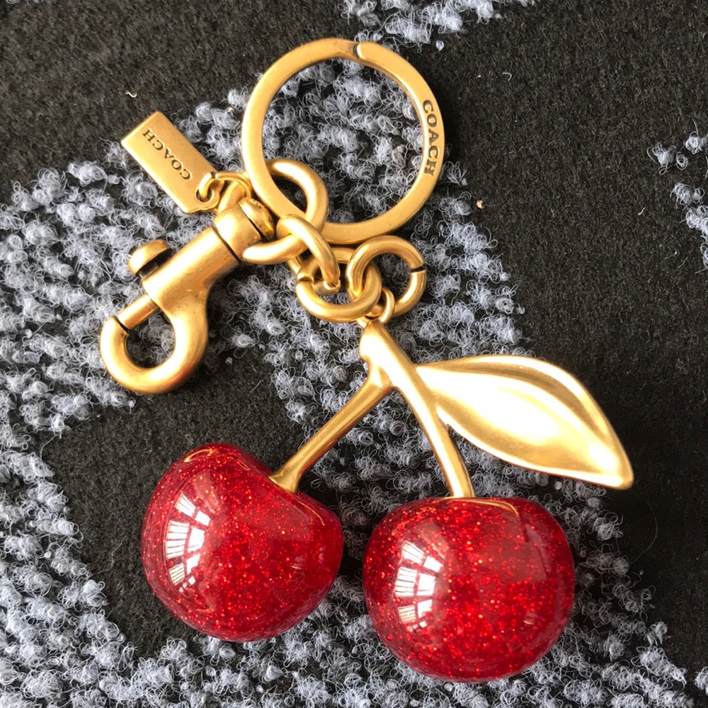 COACH Gold-Tone Red Glitter Cherry Keyring Charm